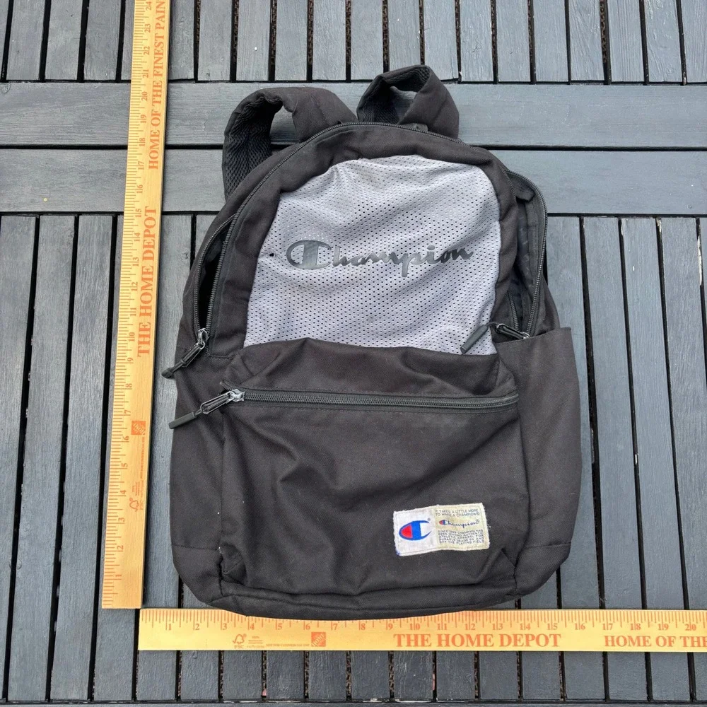 Champion Backpack Unisex OS Black Grey Good Condition Mesh Logo Detail